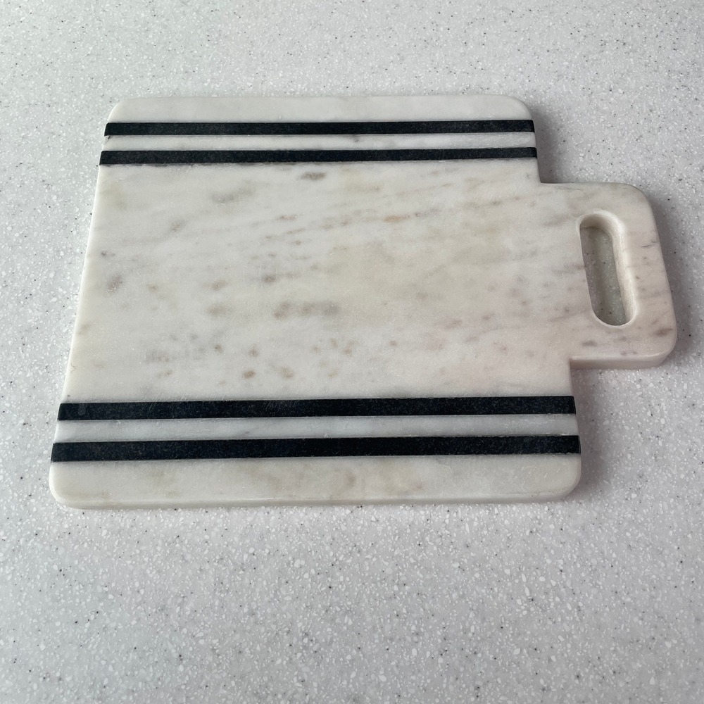 Magnolia Home White Marble Cheese Board Black Stripes Inlay Handle Serving Tray
